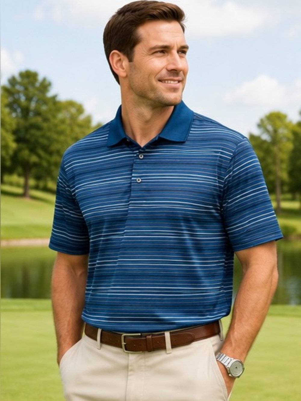 Grand Slam Airflow Blue Striped Golf Polo Shirt Men’s Large